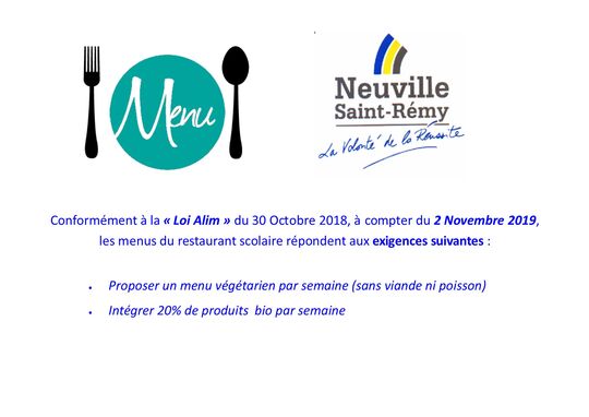 Affiche Loi Alim instaurant l'obligation de proposer un repas Végétarien par semaine et d'intégrer 20% de produits Bio par semaine